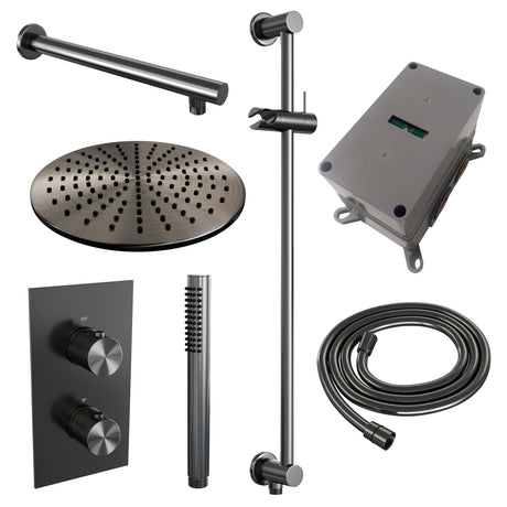 BRAUER Gunmetal Carving thermostatische inbouw regendouche 3-weg omstelling SET 38 met 30 cm douchekop en rechte muurarm en staaf handdouche en doucheslang en geïntegreerde glijstang gunmetal geborsteld PVD
