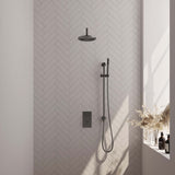 BRAUER Gunmetal Carving thermostatische inbouw regendouche 3-weg omstelling SET 39 met 20 cm douchekop en gebogen muurarm en staaf handdouche en doucheslang en geïntegreerde glijstang gunmetal geborsteld PVD