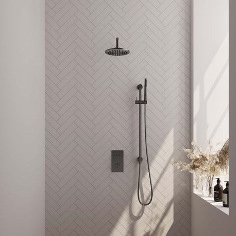 BRAUER Gunmetal Carving thermostatische inbouw regendouche 3-weg omstelling SET 39 met 20 cm douchekop en gebogen muurarm en staaf handdouche en doucheslang en geïntegreerde glijstang gunmetal geborsteld PVD