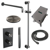 BRAUER Gunmetal Carving thermostatische inbouw regendouche 3-weg omstelling SET 39 met 20 cm douchekop en gebogen muurarm en staaf handdouche en doucheslang en geïntegreerde glijstang gunmetal geborsteld PVD