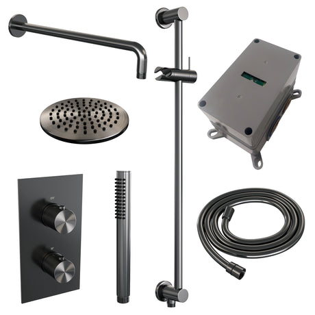 BRAUER Gunmetal Carving thermostatische inbouw regendouche 3-weg omstelling SET 39 met 20 cm douchekop en gebogen muurarm en staaf handdouche en doucheslang en geïntegreerde glijstang gunmetal geborsteld PVD