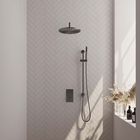 BRAUER Gunmetal Carving thermostatische inbouw regendouche 3-weg omstelling SET 40 met 30 cm douchekop en gebogen muurarm en staaf handdouche en doucheslang en geïntegreerde glijstang gunmetal geborsteld PVD