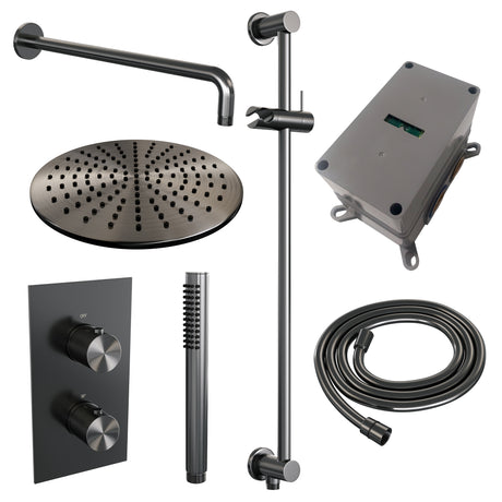 BRAUER Gunmetal Carving thermostatische inbouw regendouche 3-weg omstelling SET 40 met 30 cm douchekop en gebogen muurarm en staaf handdouche en doucheslang en geïntegreerde glijstang gunmetal geborsteld PVD