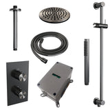 BRAUER Gunmetal Carving thermostatische inbouw regendouche 3-weg omstelling SET 41 met 20 cm douchekop en plafondarm en staaf handdouche en doucheslang en geïntegreerde glijstang gunmetal geborsteld PVD