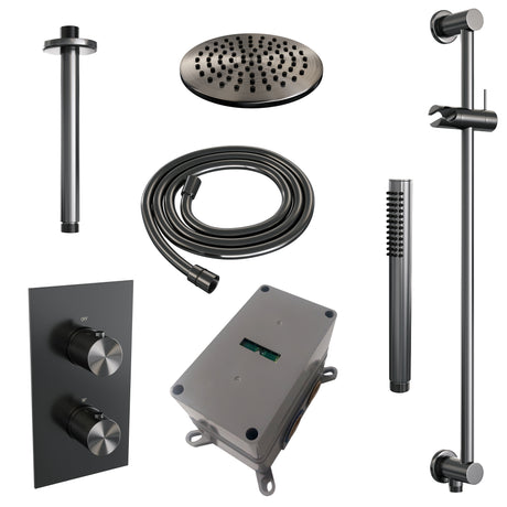 BRAUER Gunmetal Carving thermostatische inbouw regendouche 3-weg omstelling SET 41 met 20 cm douchekop en plafondarm en staaf handdouche en doucheslang en geïntegreerde glijstang gunmetal geborsteld PVD