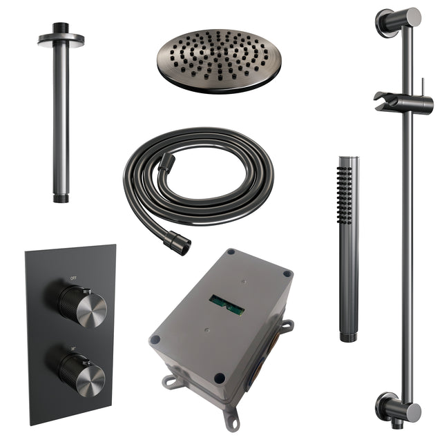 BRAUER Gunmetal Carving thermostatische inbouw regendouche 3-weg omstelling SET 41 met 20 cm douchekop en plafondarm en staaf handdouche en doucheslang en geïntegreerde glijstang gunmetal geborsteld PVD