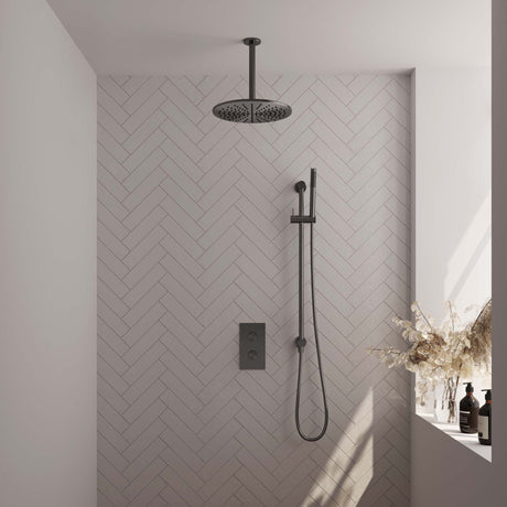 BRAUER Gunmetal Carving thermostatische inbouw regendouche 3-weg omstelling SET 42 met 30 cm douchekop en plafondarm en staaf handdouche en doucheslang en geïntegreerde glijstang gunmetal geborsteld PVD