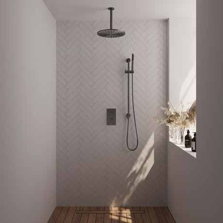 BRAUER Gunmetal Carving thermostatische inbouw regendouche 3-weg omstelling SET 42 met 30 cm douchekop en plafondarm en staaf handdouche en doucheslang en geïntegreerde glijstang gunmetal geborsteld PVD