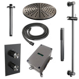 BRAUER Gunmetal Carving thermostatische inbouw regendouche 3-weg omstelling SET 42 met 30 cm douchekop en plafondarm en staaf handdouche en doucheslang en geïntegreerde glijstang gunmetal geborsteld PVD