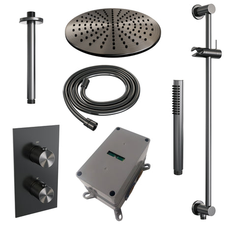 BRAUER Gunmetal Carving thermostatische inbouw regendouche 3-weg omstelling SET 42 met 30 cm douchekop en plafondarm en staaf handdouche en doucheslang en geïntegreerde glijstang gunmetal geborsteld PVD