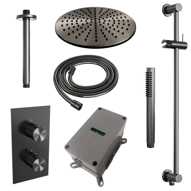 BRAUER Gunmetal Carving thermostatische inbouw regendouche 3-weg omstelling SET 42 met 30 cm douchekop en plafondarm en staaf handdouche en doucheslang en geïntegreerde glijstang gunmetal geborsteld PVD