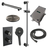 BRAUER Gunmetal Carving thermostatische inbouw regendouche 3-weg omstelling SET 43 met 20 cm douchekop en rechte muurarm en 3-standen handdouche en doucheslang en geïntegreerde glijstang gunmetal geborsteld PVD