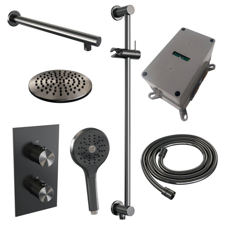 BRAUER Gunmetal Carving thermostatische inbouw regendouche 3-weg omstelling SET 43 met 20 cm douchekop en rechte muurarm en 3-standen handdouche en doucheslang en geïntegreerde glijstang gunmetal geborsteld PVD