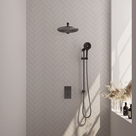 BRAUER Gunmetal Carving thermostatische inbouw regendouche 3-weg omstelling SET 44 met 30 cm douchekop en rechte muurarm en 3-standen handdouche en doucheslang en geïntegreerde glijstang gunmetal geborsteld PVD