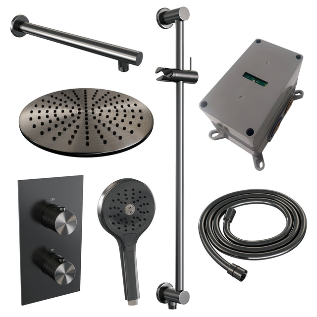 BRAUER Gunmetal Carving thermostatische inbouw regendouche 3-weg omstelling SET 44 met 30 cm douchekop en rechte muurarm en 3-standen handdouche en doucheslang en geïntegreerde glijstang gunmetal geborsteld PVD