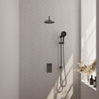 BRAUER Gunmetal Carving thermostatische inbouw regendouche 3-weg omstelling SET 45 met 20 cm douchekop en gebogen muurarm en 3-standen handdouche en doucheslang en geïntegreerde glijstang gunmetal geborsteld PVD