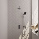 BRAUER Gunmetal Carving thermostatische inbouw regendouche 3-weg omstelling SET 45 met 20 cm douchekop en gebogen muurarm en 3-standen handdouche en doucheslang en geïntegreerde glijstang gunmetal geborsteld PVD