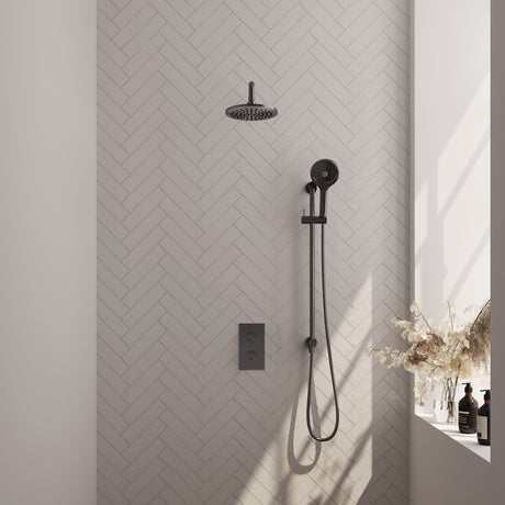 BRAUER Gunmetal Carving thermostatische inbouw regendouche 3-weg omstelling SET 45 met 20 cm douchekop en gebogen muurarm en 3-standen handdouche en doucheslang en geïntegreerde glijstang gunmetal geborsteld PVD
