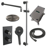 BRAUER Gunmetal Carving thermostatische inbouw regendouche 3-weg omstelling SET 45 met 20 cm douchekop en gebogen muurarm en 3-standen handdouche en doucheslang en geïntegreerde glijstang gunmetal geborsteld PVD