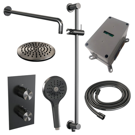 BRAUER Gunmetal Carving thermostatische inbouw regendouche 3-weg omstelling SET 45 met 20 cm douchekop en gebogen muurarm en 3-standen handdouche en doucheslang en geïntegreerde glijstang gunmetal geborsteld PVD