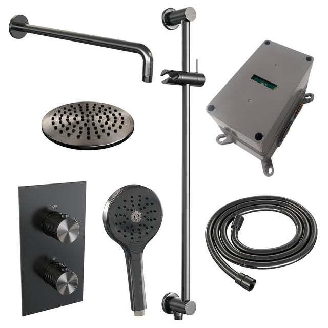 BRAUER Gunmetal Carving thermostatische inbouw regendouche 3-weg omstelling SET 45 met 20 cm douchekop en gebogen muurarm en 3-standen handdouche en doucheslang en geïntegreerde glijstang gunmetal geborsteld PVD