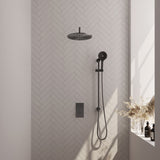 BRAUER Gunmetal Carving thermostatische inbouw regendouche 3-weg omstelling SET 46 met 30 cm douchekop en gebogen muurarm en 3-standen handdouche en doucheslang en geïntegreerde glijstang gunmetal geborsteld PVD