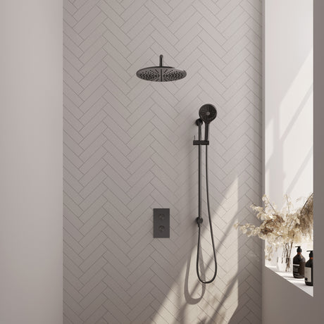 BRAUER Gunmetal Carving thermostatische inbouw regendouche 3-weg omstelling SET 46 met 30 cm douchekop en gebogen muurarm en 3-standen handdouche en doucheslang en geïntegreerde glijstang gunmetal geborsteld PVD