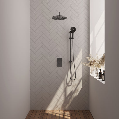 BRAUER Gunmetal Carving thermostatische inbouw regendouche 3-weg omstelling SET 46 met 30 cm douchekop en gebogen muurarm en 3-standen handdouche en doucheslang en geïntegreerde glijstang gunmetal geborsteld PVD
