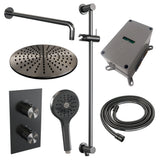 BRAUER Gunmetal Carving thermostatische inbouw regendouche 3-weg omstelling SET 46 met 30 cm douchekop en gebogen muurarm en 3-standen handdouche en doucheslang en geïntegreerde glijstang gunmetal geborsteld PVD