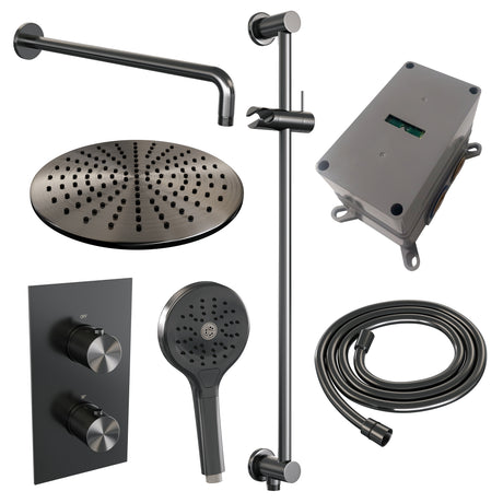 BRAUER Gunmetal Carving thermostatische inbouw regendouche 3-weg omstelling SET 46 met 30 cm douchekop en gebogen muurarm en 3-standen handdouche en doucheslang en geïntegreerde glijstang gunmetal geborsteld PVD