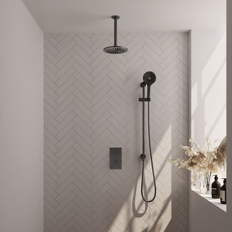 BRAUER Gunmetal Carving thermostatische inbouw regendouche 3-weg omstelling SET 47 met 20 cm douchekop en plafondarm en 3-standen handdouche en doucheslang en geïntegreerde glijstang gunmetal geborsteld PVD