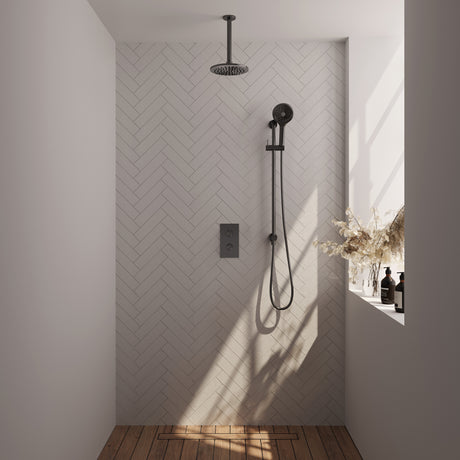 BRAUER Gunmetal Carving thermostatische inbouw regendouche 3-weg omstelling SET 47 met 20 cm douchekop en plafondarm en 3-standen handdouche en doucheslang en geïntegreerde glijstang gunmetal geborsteld PVD