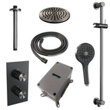 BRAUER Gunmetal Carving thermostatische inbouw regendouche 3-weg omstelling SET 47 met 20 cm douchekop en plafondarm en 3-standen handdouche en doucheslang en geïntegreerde glijstang gunmetal geborsteld PVD