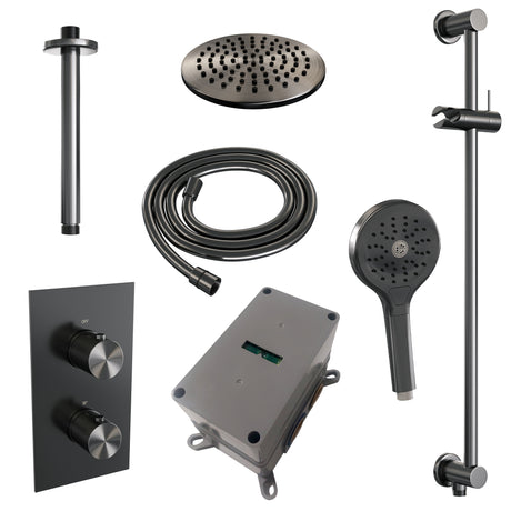 BRAUER Gunmetal Carving thermostatische inbouw regendouche 3-weg omstelling SET 47 met 20 cm douchekop en plafondarm en 3-standen handdouche en doucheslang en geïntegreerde glijstang gunmetal geborsteld PVD