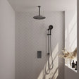 BRAUER Gunmetal Carving thermostatische inbouw regendouche 3-weg omstelling SET 48 met 30 cm douchekop en plafondarm en 3-standen handdouche en doucheslang en geïntegreerde glijstang gunmetal geborsteld PVD
