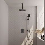 BRAUER Gunmetal Carving thermostatische inbouw regendouche 3-weg omstelling SET 48 met 30 cm douchekop en plafondarm en 3-standen handdouche en doucheslang en geïntegreerde glijstang gunmetal geborsteld PVD