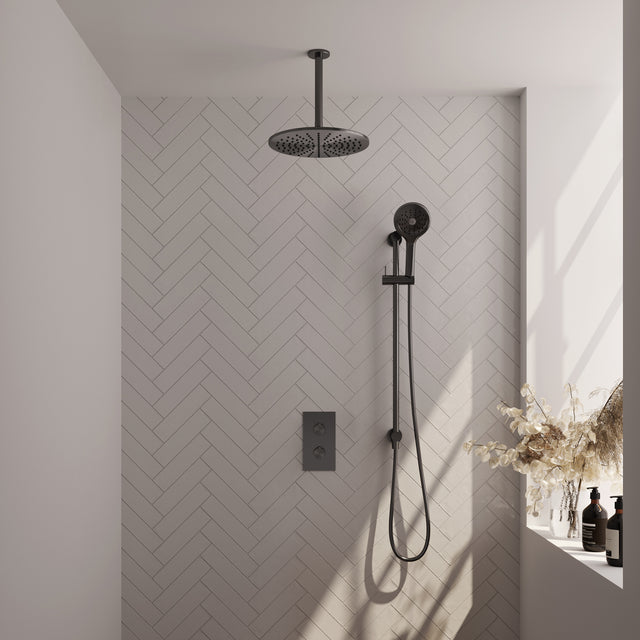 BRAUER Gunmetal Carving thermostatische inbouw regendouche 3-weg omstelling SET 48 met 30 cm douchekop en plafondarm en 3-standen handdouche en doucheslang en geïntegreerde glijstang gunmetal geborsteld PVD
