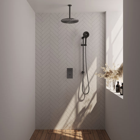 BRAUER Gunmetal Carving thermostatische inbouw regendouche 3-weg omstelling SET 48 met 30 cm douchekop en plafondarm en 3-standen handdouche en doucheslang en geïntegreerde glijstang gunmetal geborsteld PVD