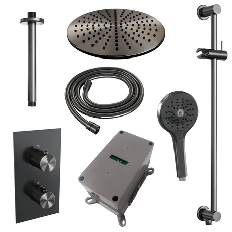 BRAUER Gunmetal Carving thermostatische inbouw regendouche 3-weg omstelling SET 48 met 30 cm douchekop en plafondarm en 3-standen handdouche en doucheslang en geïntegreerde glijstang gunmetal geborsteld PVD