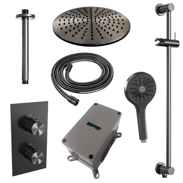 BRAUER Gunmetal Carving thermostatische inbouw regendouche 3-weg omstelling SET 48 met 30 cm douchekop en plafondarm en 3-standen handdouche en doucheslang en geïntegreerde glijstang gunmetal geborsteld PVD