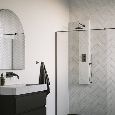 BRAUER Gunmetal Edition thermostatisch douchepaneel 2-weg omstelling calacatta gold SET 01 met 20 cm douchekop en gebogen muurarm en staaf handdouche en wandaansluitbocht en doucheslang gunmetal geborsteld PVD