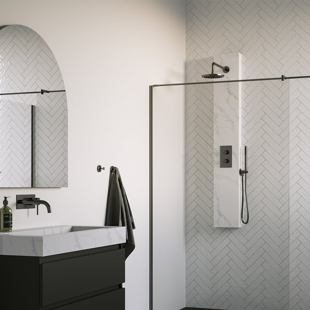 BRAUER Gunmetal Edition thermostatisch douchepaneel 2-weg omstelling calacatta gold SET 01 met 20 cm douchekop en gebogen muurarm en staaf handdouche en wandaansluitbocht en doucheslang gunmetal geborsteld PVD