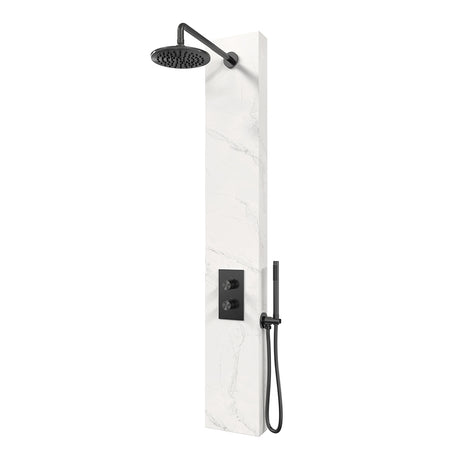 BRAUER Gunmetal Edition thermostatisch douchepaneel 2-weg omstelling calacatta gold SET 01 met 20 cm douchekop en gebogen muurarm en staaf handdouche en wandaansluitbocht en doucheslang gunmetal geborsteld PVD