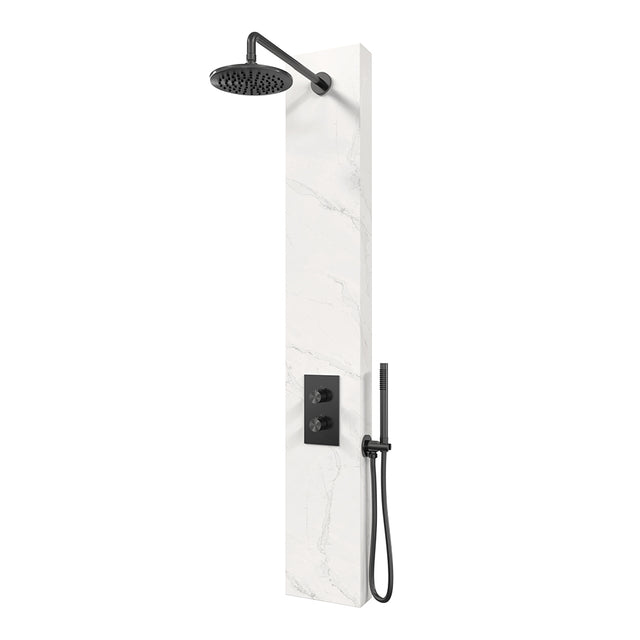 BRAUER Gunmetal Edition thermostatisch douchepaneel 2-weg omstelling calacatta gold SET 01 met 20 cm douchekop en gebogen muurarm en staaf handdouche en wandaansluitbocht en doucheslang gunmetal geborsteld PVD