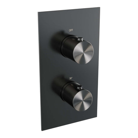 BRAUER Gunmetal Edition thermostatisch douchepaneel 2-weg omstelling calacatta gold SET 01 met 20 cm douchekop en gebogen muurarm en staaf handdouche en wandaansluitbocht en doucheslang gunmetal geborsteld PVD