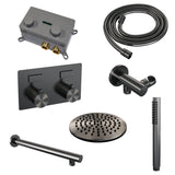 BRAUER Gunmetal Edition thermostatische inbouw regendouche met drukknoppen SET 49 met 20 cm douchekop en rechte muurarm en staaf handdouche en doucheslang en wandaansluitbocht gunmetal geborsteld PVD