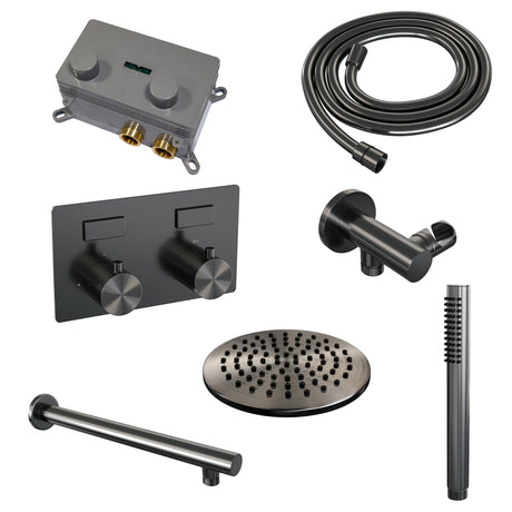 BRAUER Gunmetal Edition thermostatische inbouw regendouche met drukknoppen SET 49 met 20 cm douchekop en rechte muurarm en staaf handdouche en doucheslang en wandaansluitbocht gunmetal geborsteld PVD