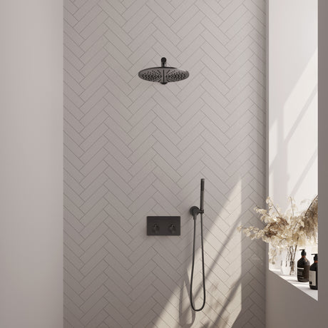 BRAUER Gunmetal Edition thermostatische inbouw regendouche met drukknoppen SET 50 met 30 cm douchekop en rechte muurarm en staaf handdouche en doucheslang en wandaansluitbocht gunmetal geborsteld PVD