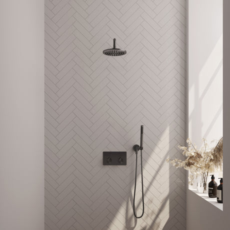 BRAUER Gunmetal Edition thermostatische inbouw regendouche met drukknoppen SET 51 met 20 cm douchekop en gebogen muurarm en staaf handdouche en doucheslang en wandaansluitbocht gunmetal geborsteld PVD