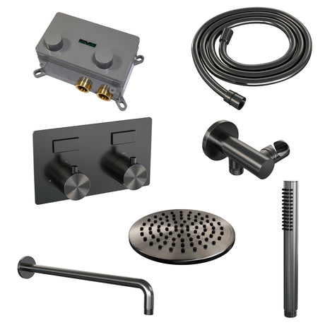 BRAUER Gunmetal Edition thermostatische inbouw regendouche met drukknoppen SET 51 met 20 cm douchekop en gebogen muurarm en staaf handdouche en doucheslang en wandaansluitbocht gunmetal geborsteld PVD